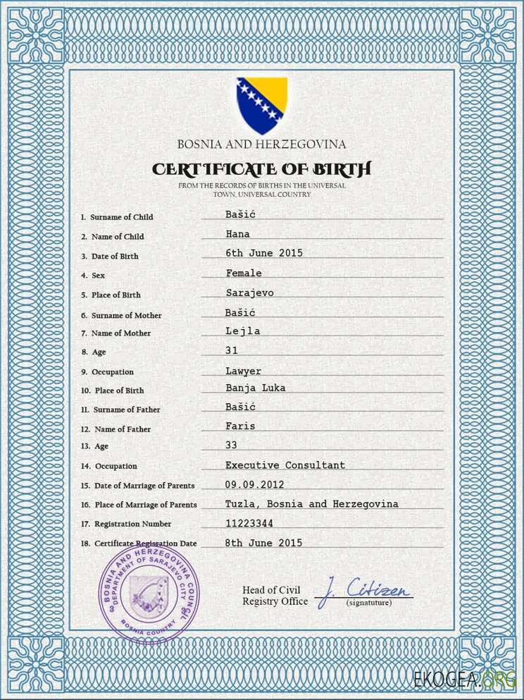 Modèle PSD de certificat de naissance de Bosnie Herzégovine